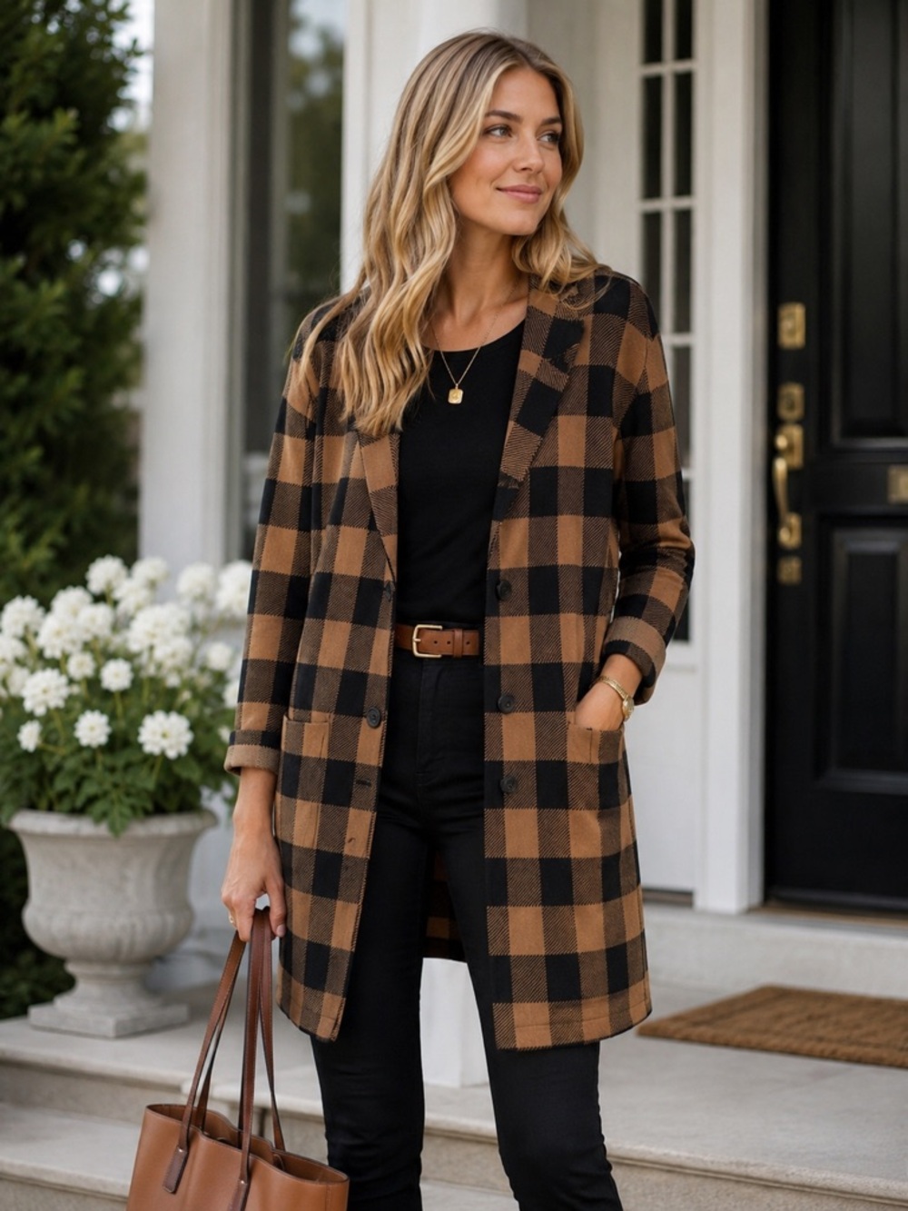 Nine West Buffalo Plaid Longline Cardigan Blazer Sweater Coat Size Small